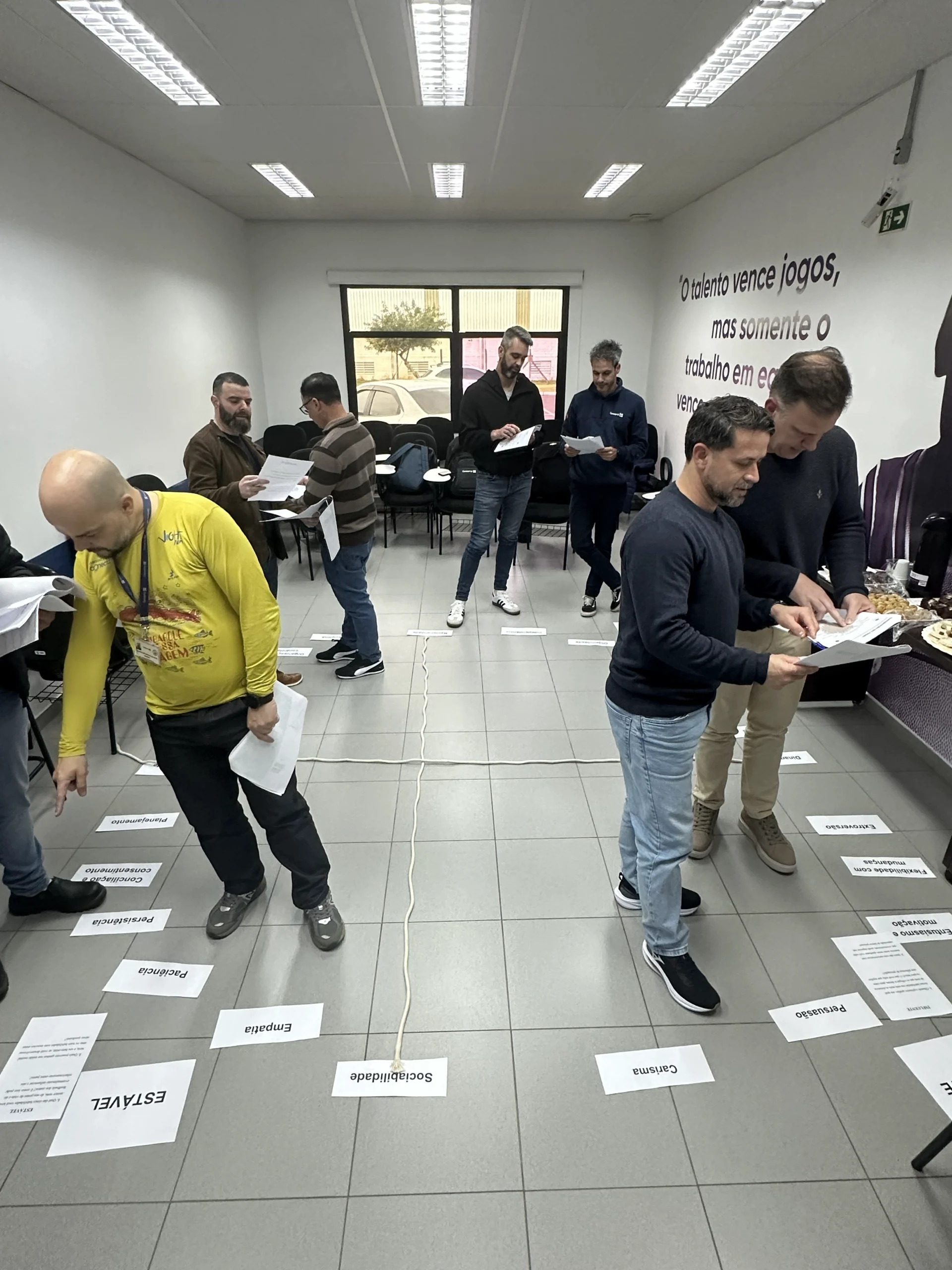 Roda do DISC em tamanho real no chão, com líderes em pé dentro dos quadrantes